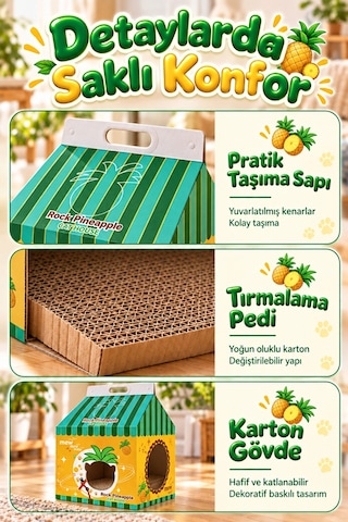 Ananas Desenli Karton Kedi Evi Katlanabilir Süt Kutusu Tasarımı, Tırmalama Pedi Hediyeli Sempatik