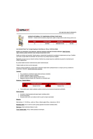 Supravet Anti-Hairball Malt Tüy Yumağı Engelleyici Kedi Macunu 100 G