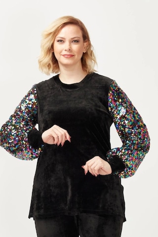 3232 Siyah Kadife Kolu Disko Payetli Büyük Beden Bluz Siyah
