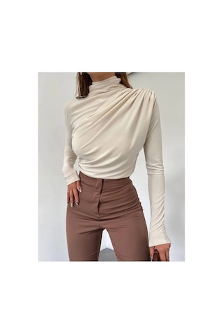 Unika Boutique Kadın Kahverengi Dik Yaka Omuz Ve Bel Büzgülü Uzun Kollu Bluz Bej