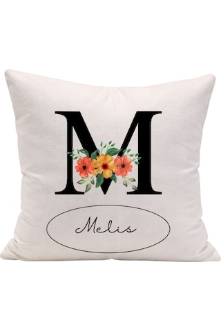 Kişiye Özel Baş Harf Ve İsim Yazılı Çiçek Desenli Dekoratif Yastık Kılıfı Beyaz