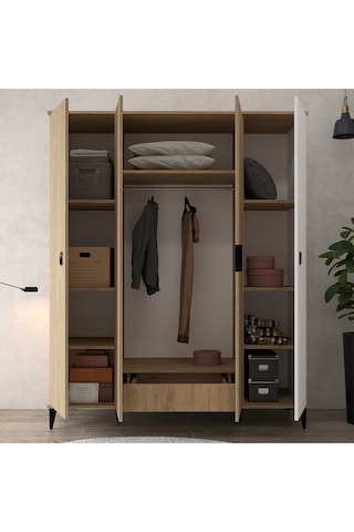 6404 Neva 4 Kapılı 200 Cm Gizli Çekmeceli Gardırop , Elbise Dolabı , Genç Odası Sepet - Beyaz