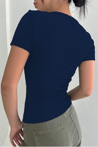 Rooted Kadın Kare Yaka T-shirt & Bluz , Likralı Fitilli Kaşkorse Kumaş Lacivert