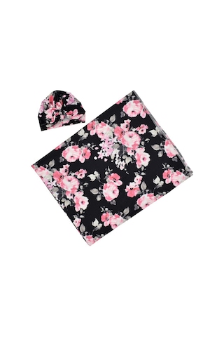 Neevoyu Yeni Doğan Bebek Bezi Ve Şapkalı Sarımalık - Poliester Elbise - 80x80 Cm - Siyah Taban Çiçek Desenli 190702 Siyah