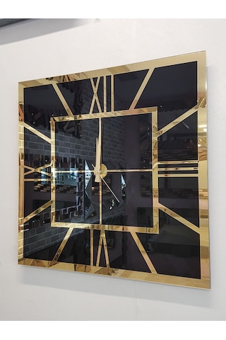 Ayna Denizi Golden Quare Black Model Altın Siyah Renk 60 CM x 60 CM Dekoratif Aynalı Duvar Saati Siyah
