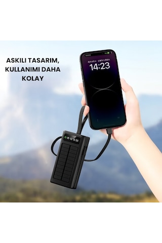 30000 Mah Solar Powerbank Güneş Enerjili Taşınabilir Şarj Cihazı 22.5w Hızlı Şarj Dahili Kablolu Çoklu Çıkış Dijital Ekran Siyah - Siyah