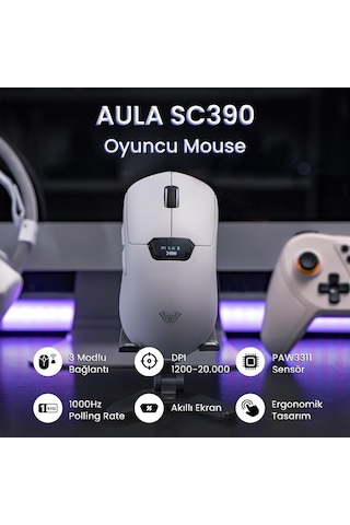 Aula Sc390 Paw3311 Sensör 20000 Dpı 1000hz Kablolu Ve Kablosuz Gaming Oyuncu Mouse Beyaz Sc390