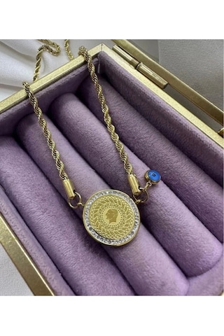 Kadın Çelik Gold 316l Kuyumcu Model Çeyrek Altınlı Burgu Taşlı Nazar Boncuklu Kolye Gold