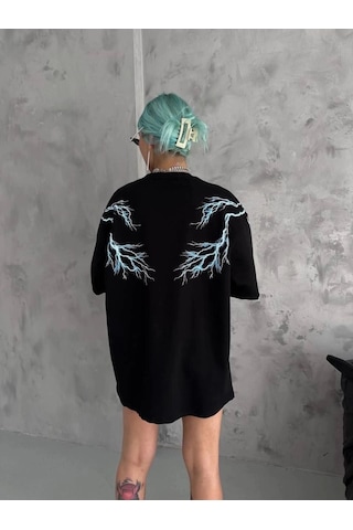 Freedom Storee Kadın Bisiklet Yaka Baskılı Kısa Kol Oversize T-shirt - Siyah Çok Renkli