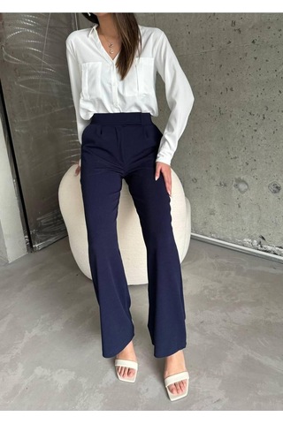 Ribana Classic Beli Cırtcırtlı Likralı Krep Pantolon Lacivert