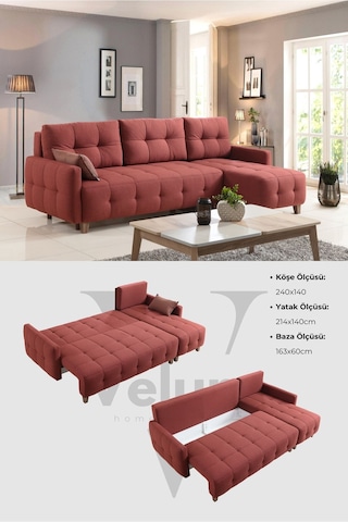 Orion Köşe Koltuk Takımı & L Koltuk Sandıklı & Yataklı Bordo & Köşe Takımı
