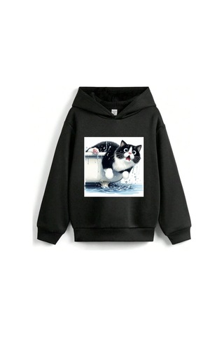 Stil X Sevimli Kediler Baskılı Kapüşonlu Çocuk Sweatshırt Siyah-2