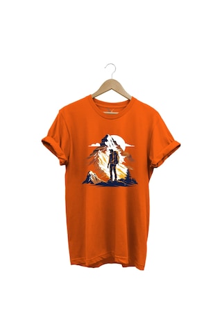 Mountain Dağ Yürüyüşü Ve Kar Manzara Baskılı %100 Pamuk Unisex Regular Fit T-shirt Turuncu