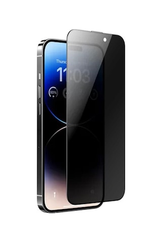 Apple Uyumlu iPhone 14 Pro Max Kolay Uygulama Aparatlı Dust Proof Privacy Temperli Hayalet Cam Ekran Koruyucu Siyah