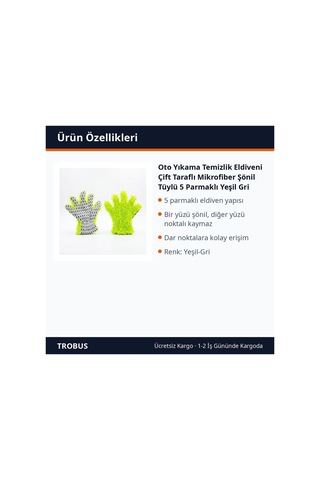 Trobus Oto Yıkama Temizlik Eldiveni Çift Taraflı Mikrofiber Şönil Tüylü 5 Parmaklı Yeşil Gri