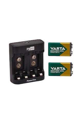 Varta 56722 9V 200 mAh Şarjlı Pil 2'li + Power-Xtra PX200 A-AAA ve 9V USB Pil Şarj Cihazı