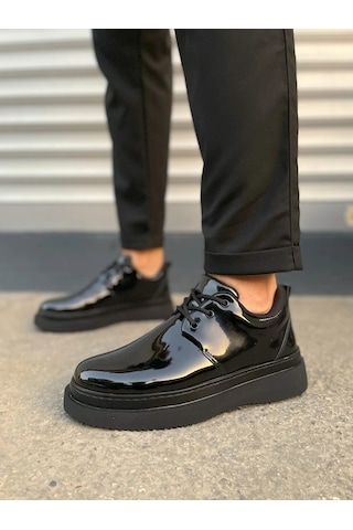 Mevese Ornex Erkek Deri Görünümlü Bağcıklı Casual Sneaker Klasik Günlük Ayakkabı - Siyah Rugan