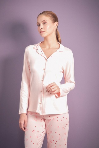 Fullamoda Kalp Desenli Gömlek Yaka 2 Li Pijama Takımı 24mıcg631216522-pudra Pudra