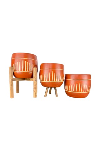 Bitki Tasarımı Ev Dekorasyon Aksesuar Dik Çizgi Desenli Toprak Saksı Saksılık Salon Çiçeklik Üçlü Set - 19 CM