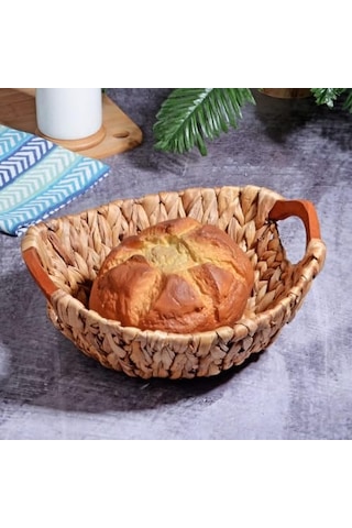 Wicker Serisi Bezli Yuvarlak Ahşap Kulplu Hasır Ekmek Sepeti Çok Renkli