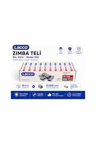 Lacco 24/6 Zımba Teli 10 Kutu 10000 Adet No:555 Metal Zımba Teli Ofis Okul Kırtasiye