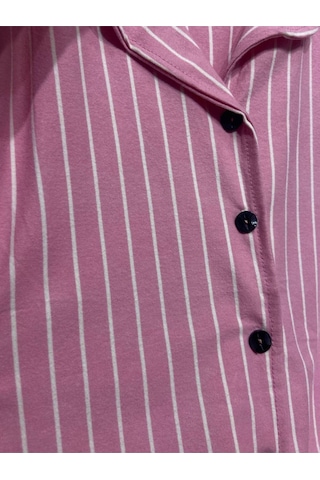 Rukod Kadın Uzun Kollu Gömlek Yaka Düğmeli Süet Pembe Beyaz Desenli Alt Üst Pijama Takımı Pembe