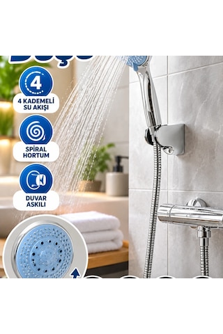 Mavi 4 Kademeli El Duşu Seti Spiral Hortum Ve Duvar Askılı Çok Renkli 37746801