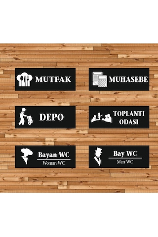 Kapı Tabelası 6 Takım Mutfak - Depo - Muhasebe - Wc 24x9cm