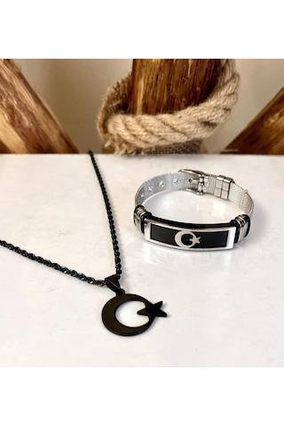 Gns Aksesuar Türk Bayrağı Figürlü Çelik Kolye & Bileklik Set