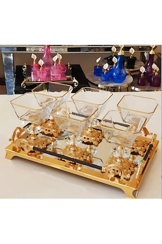 Assa Bazaar Karen 6 Parça Ayaklı Cam Sunumluk Set Dondurmalık Çerezlik Magnolia Cup Altın