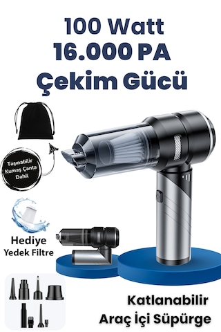 Yeni 16000pa Güçlü Portatif Vakumlu Ve Üflemeli Katlanabilir Araç Içi Süpürge Pro Hl-121 Siyah