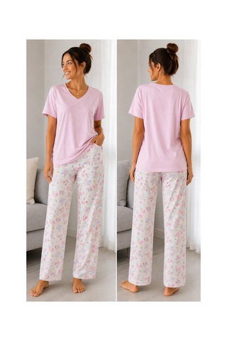 Mixxtrend Kadın Pamuklu Çiçekli Pijama Takımı Pembe