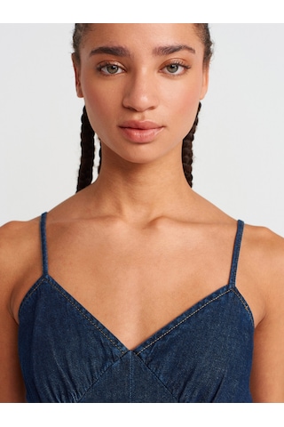 Dilvin 90549 Askılı Denim Midi Elbise-lacivert Lacivert