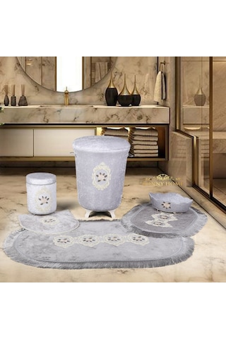 Shems Gri 6 Prç Kirli Çamaşır Sepeti Seti + Banyo Paspası Seti