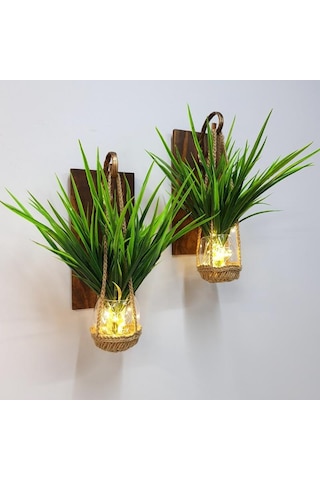 Duvar Dekoru, Led Işıklı, Yeşil Çimen Bitki, Ceviz Aplik İkili Set