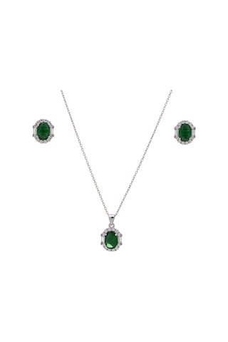 5-8 Mm Yeşil Oval Zirkon Taşlı 925 Ayar Gümüş Kadın 2'li Set Gümüş