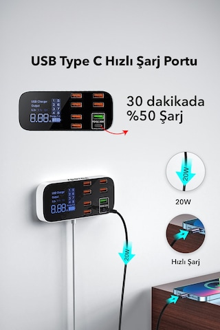 Spovan Impro Led Ekranlı 8 Port Usb Type C Şarj Cihazı