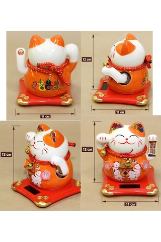 Seramik Maneki Neko Turuncu Güneş Enerjili Şans Kedisi 12cm No.4