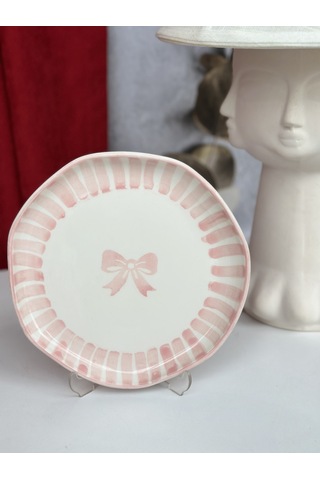 1 Adet Fiyonk Desenli Pembe Çizgili Pasta Tabağı- 21 Cm Çok Renk