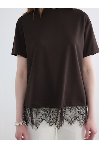 Lcw Modest Kahverengi Dantel Detaylı Soft Touch Kadın Tişört