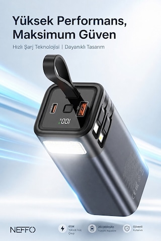 20.000 Mah Powerbank 65w Hızlı Şarj Destekli Dijital Ekran Göstergeli Fenerli