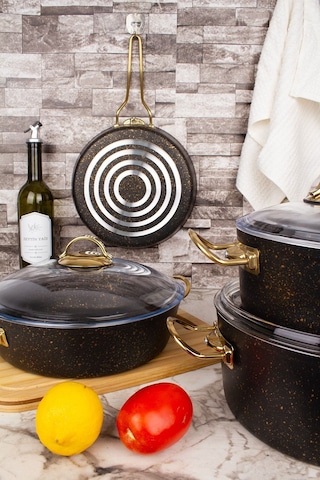 Çarşıdayız Stil 7 Parça Siyah Gold Granit Tencere Seti 26 Cm Siyah