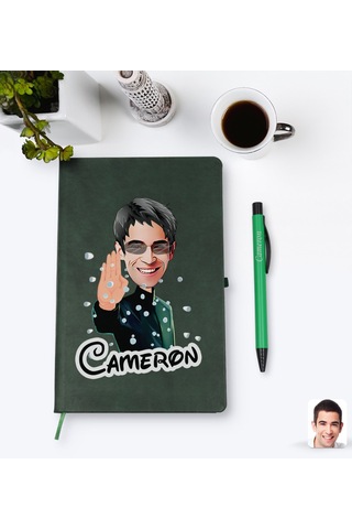 Kişiye Özel Matrix Neo Karikatürlü Yeşil Termo Deri Defter Kalem