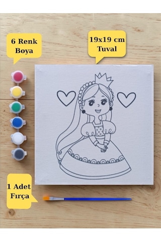 Tuval Boyama Sevimli Prenses Baskılı Aktivite Seti 19x19 Cm Tuval, Fırça Ve 6 Renk Akrilik Boya Seti