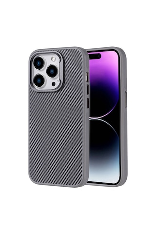Mobilteam Apple Uyumlu iPhone 14 Pro Max Kılıf Magsafe Şarj Özellikli Karbon Fiber Görünümlü Troy K Gümüş