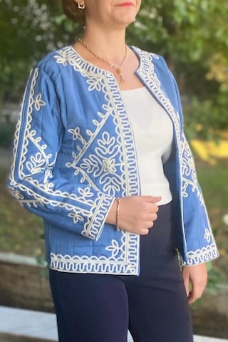Mia Butik Kadın Mavi Bordur Nakışlı Astarlı Ceket Mavi
