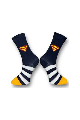 Me-vo Tekli Lacivert Renkli Unisex Esnek Nem Alabilen Pamuklu Superman Desenli Soket Çorap Lacivert
