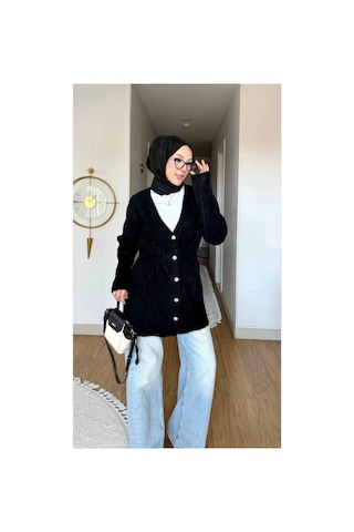 Nes Moda Kadın Düğme Detaylı Bel Büzgülü Angora Tesettür Triko Hırka Kazak Siyah Siyah