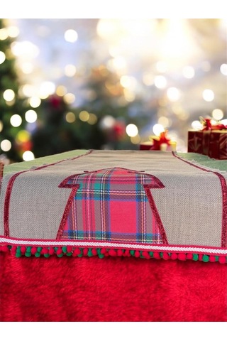 Lexroo Noel Temalı Gri Keten Masa Örtüsü, Ekose Çam Ağacı Desenli, Ponponlu Kenar Süslemeli