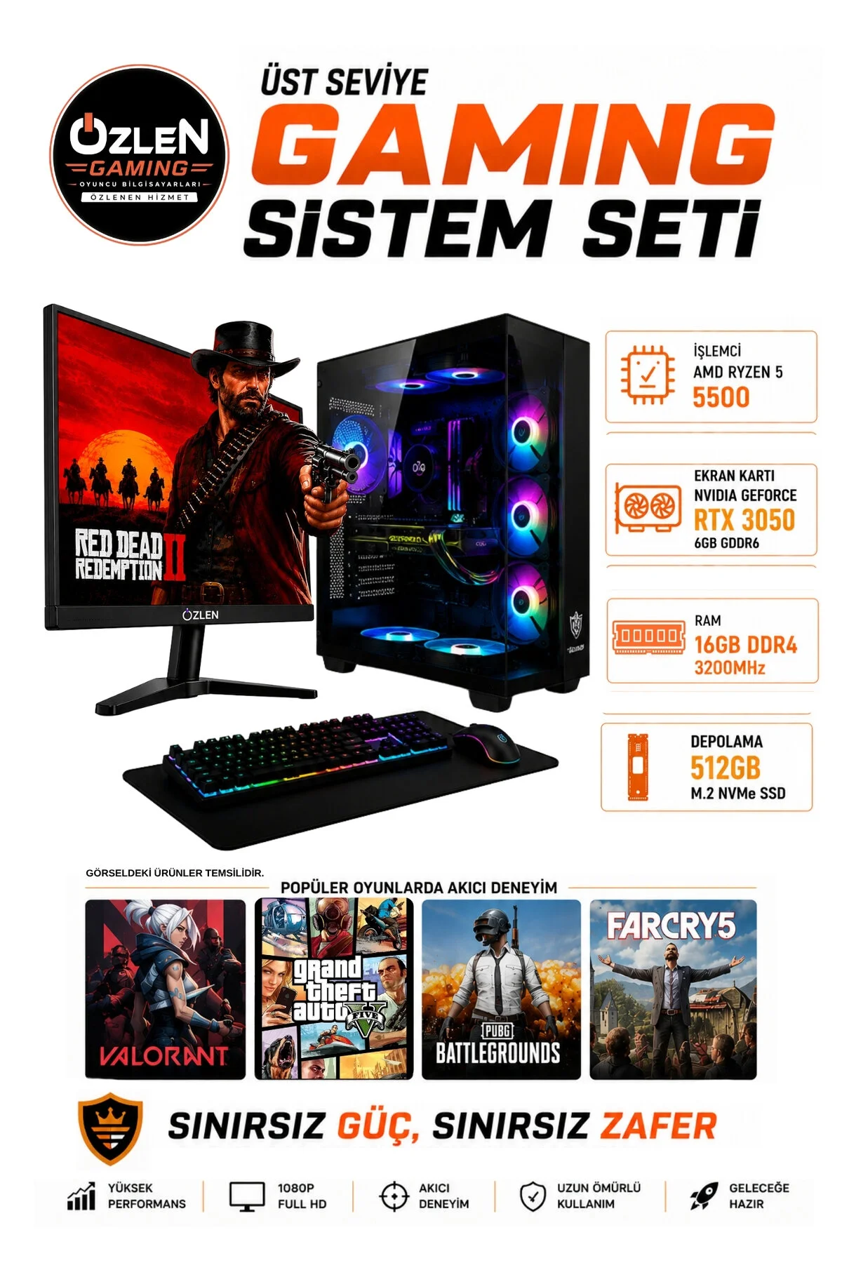 Özlen X2 OZLN-AMD5-3050-16-512 Reyzen 5 5500 6 GB 16 GB 512 GB SSD RTX3050 24'' W11P FHD Masaüstü Oyuncu Bilgisayarı